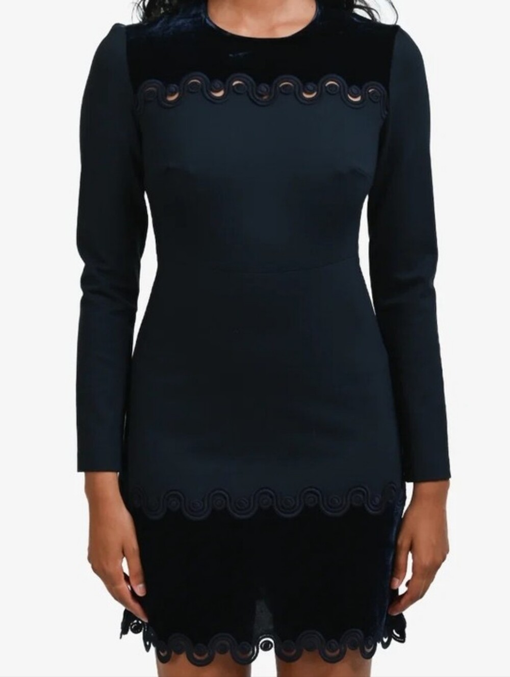 Sandro Paris Edma Navy Blue Ponte Knit Velvet & Gimp Braided Trim Mini Dress